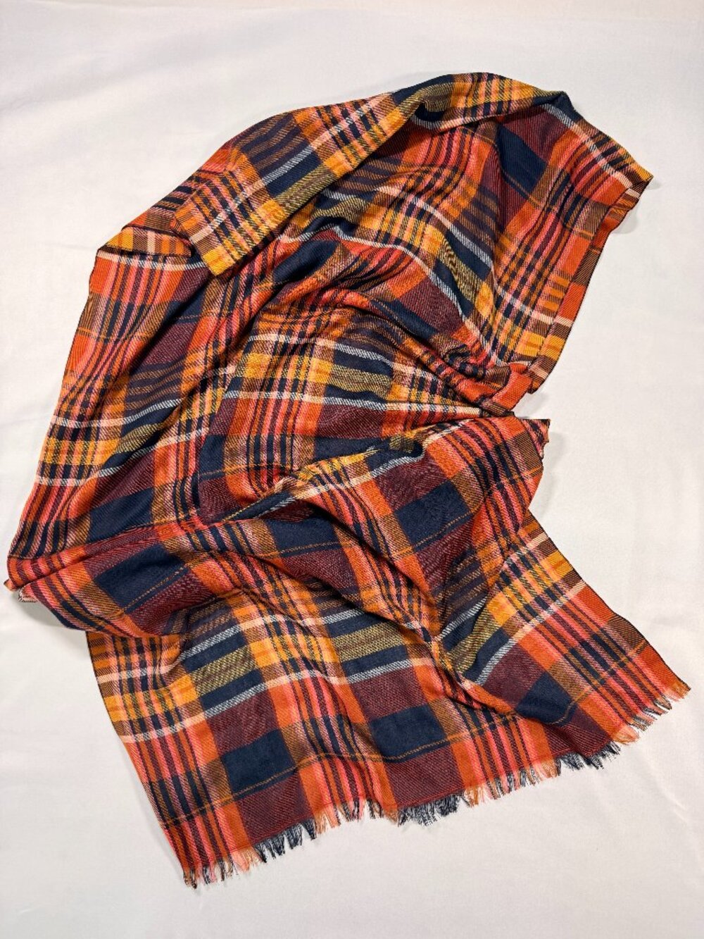 NWT Talbots Orange Navy Plaid Fringe Scarf